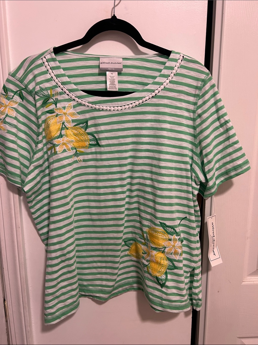 Alfred Dunner Green and White Striped Lemon Applique Short Sleeve Top